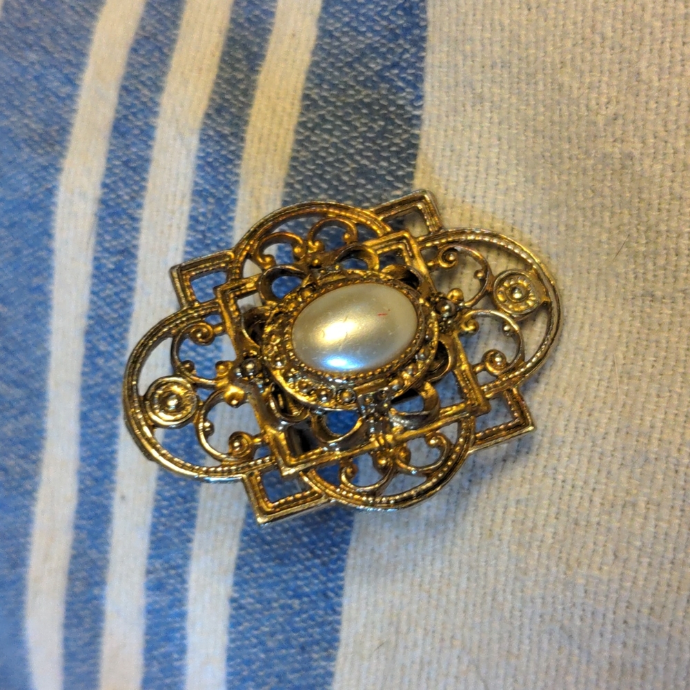 Gold Victorian Themed Faux Pearl Scarf Clip, Scrolled Open Frame, 2", 1980s